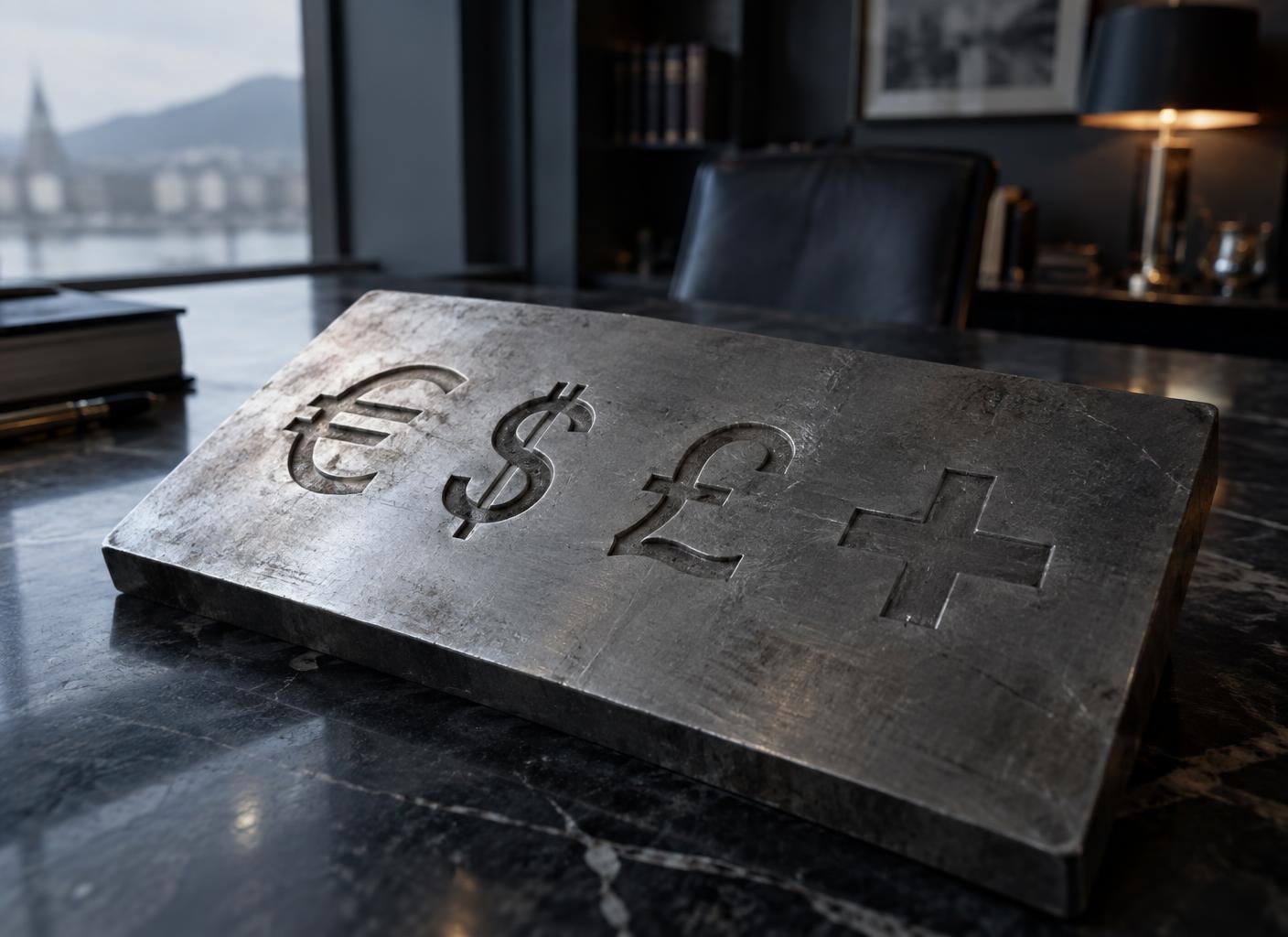 Steel plate engraved with euro, dollar, pound and franc marks on a stone desk