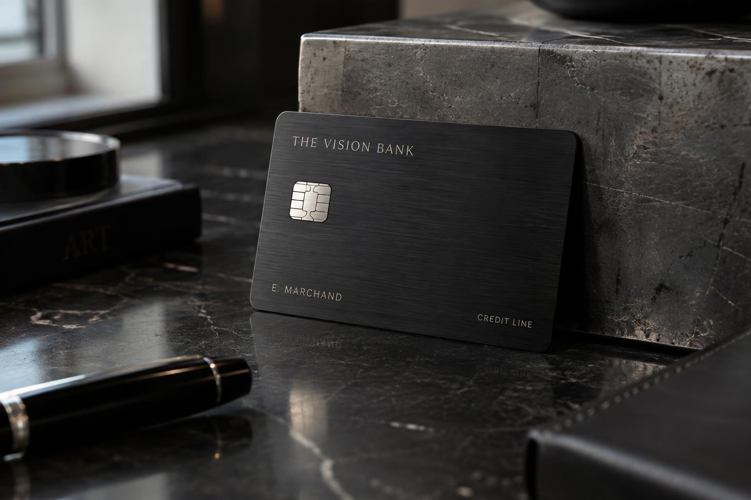 Personalised matte black The Vision Bank credit line card engraved with a cardholder name on dark stone